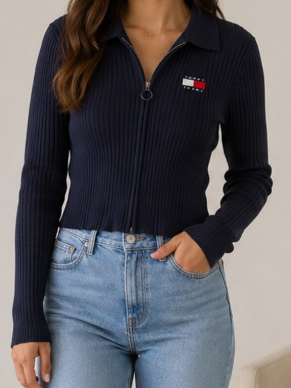 Tommy Hilfiger Navy Ribbed Zip Polo Sweater